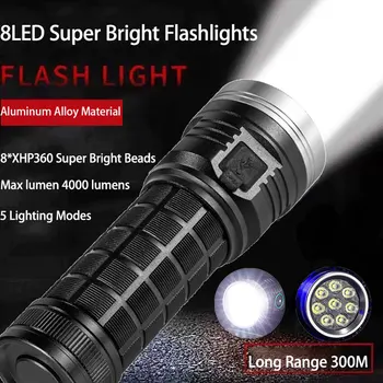 Super Brilhante 8LED Lanterna de Emergência Exterior da Tocha 5 Modos de Iluminação Recarregável Caminhadas, Camping Lanterna Tática 4000 Lúmens