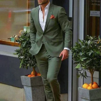 Moda Verde Casamento Terno Para Os Homens Cuustom Feita Slim Fit 2 Peça Jaqueta Calças Conjunto Formal Groon Jantar Smoking, Traje Homme