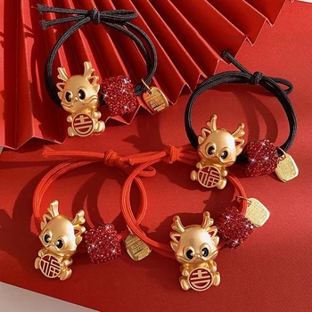 Ano Novo Mascote Do Cabelo Vermelho Corda Ano Novo Headwear Pulseiras Ano Novo Chinês Cabelo Scrunchie Strass Mascote Dragão