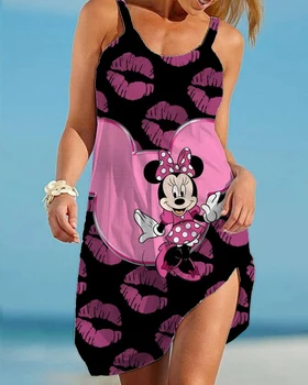 2023 Verão Novo Sexy Cinta Vestido de Praia do Mickey de Disney do Rato de Minnie Mulheres sem Mangas Vestido de Alça Havaí U Pescoço da Mulher Topo