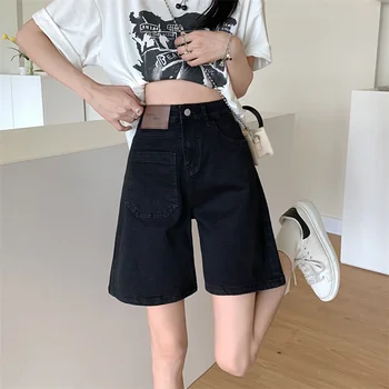 Estilo Coreano Shorts Jeans Para Mulheres De Verão Y2k Moda Preto De Cintura Alta Em Linha Reta Shorts Jeans Streetwear Vintage Largas E Casuais
