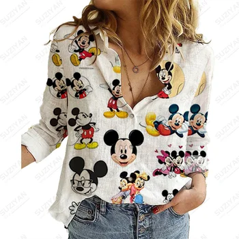 O Temperamento Do Mickey De Disney Elegante Vire Para Baixo De Gola De Blusa Estampa Floral, Camisa De Primavera E Outono, Tendência De Moda Manga Longa