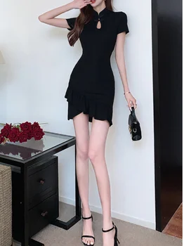 design avançado Única cheongsam pequeno vestido preto elegante estilo francês broto de moda temperamento slim fit Mama moldagem 6KBF